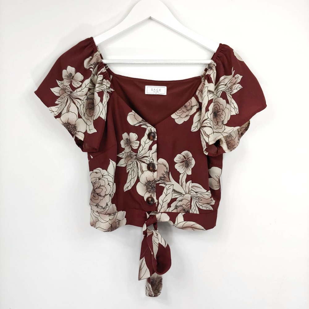 SAGE The Label floral v-neck crop top front knot chocolate M